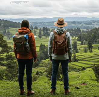 Conscious traveler in sustainable style, wearing eco-friendly travel apparel and a backpack