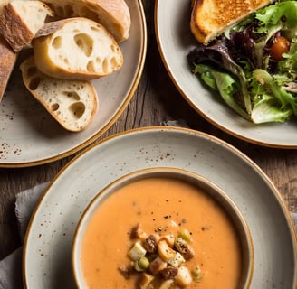 a table with two plates of soup and bread