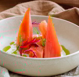 ensalada de tomates de temporada aceite de shiso fusión japonesa showcooking