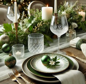 <img src="mesa posta elegante com tons de verde, velas, castiçais e taças de cristal".
