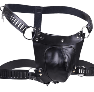 a black leather chastity harness with straps