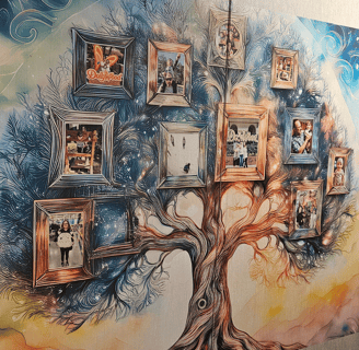 a mural of a tree with a picture of a family tree