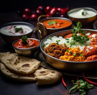 a spread of Indian cuisine which is served in many Indian restaurants in Mauritius