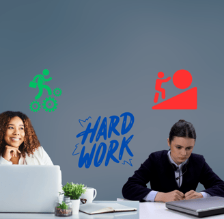 Two women sitting at a desk, one woman is fulfilled the other woman is miserable with her job