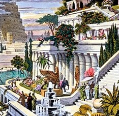 Jardins lendários na Babilônia, uma das 7 Maravilhas do Mundo Antigo, com terraços verdejantes e rio