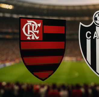 Escudos do Flamengo e Central Córdoba em destaque , sobre o gramado de um estádio
