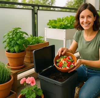 composteur sur un balcon entouré de plantes en pots, illustrant le compostage urbain.