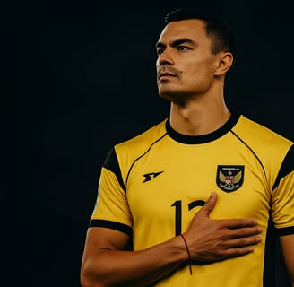 Emil Audero berdiri dengan tangan di dada mengenakan jersey kuning, latar belakang gelap dramatis