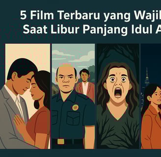 Ilustrasi lima film bioskop yang tayang saat libur panjang Idul Adha 2025, dengan suasana layar lebar dan berbagai genre film