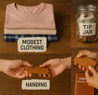 Collage of cultural and safety tips for Nicaragua, including modest clothing, tip jar with dollars, hands exchanging an item
