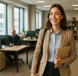 a woman find a new job in a business suit and a man in a suit