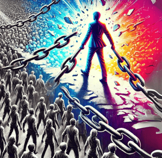Persona rompiendo cadenas, liberándose de las expectativas sociales.