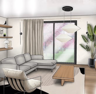 Dessin d'aménagement d'un salon de style Japendi