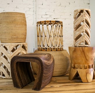 a variety of decorative wooden pieces of artisanly carved wood