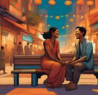 A couple seated on a bench in a city, illustrating cultural differences in relationships with their gestures and proximity.