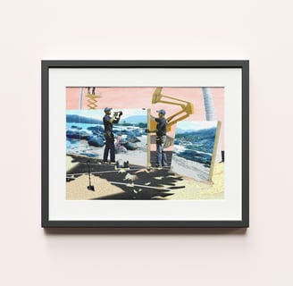 Framed artwork showing men installing the beach at Happy Bay