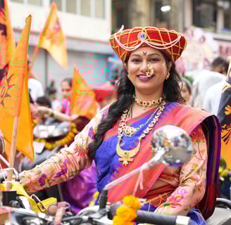 woman in maharastrian traditional outfit riding a motorbike in girgaon gudipadwa shobhayatra 2025