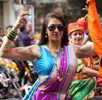 woman in maharastrian traditional outfit  flexing her biceps in girgaon gudipadwa shobhayatra 2025
