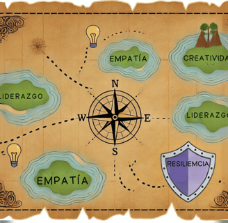 Mapa del tesoro con talentos y fortalezas personales como destinos.