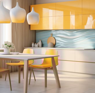 a kitchen with a table and chairs and a table