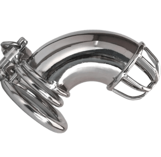 a picture of a chrome metal male chastity cage on a clear background
