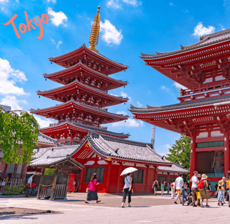 a group of people walking around a large red building in Tokyo