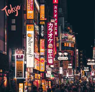 a city street scene with a lot of people walking down the street in Tokyo