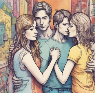 Illustration of three individuals hugging, representing the warmth and love in a polyamorous relationship.