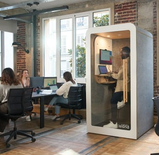 Office workers sitting at desks in a modern office with a Work With Island