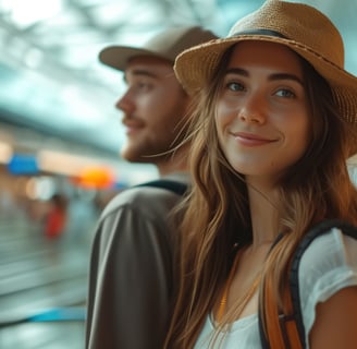 A man and a woman in the airport. They are on a trip or vacation and enjoying each other's