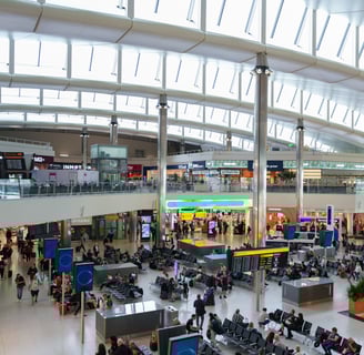 The departure hall of Heathrow Airport, the main international airport serving London