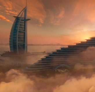 Futuristic architectural hotel design against a dramatic sunset.