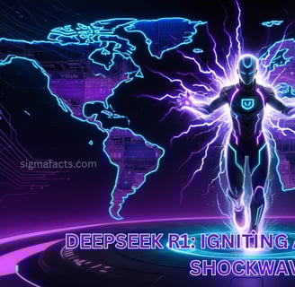 Futuristic digital art of a glowing AI figure symbolizing DeepSeek R1, radiating neon-blue and purpl