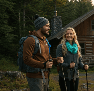 a group of people standing in front of a cabin