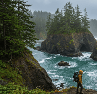 a person standing on a rocky cliff overlooking a body of water