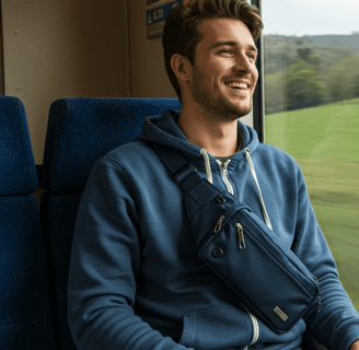 a man sitting on a train with cross body bag
