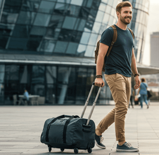 man pulling a duffel bag on wheels