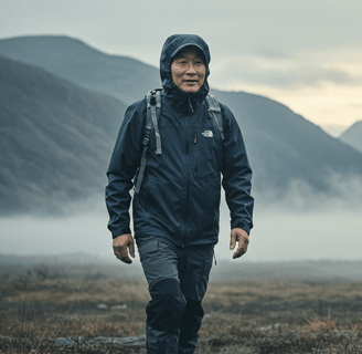 a man in a raincoat hiking