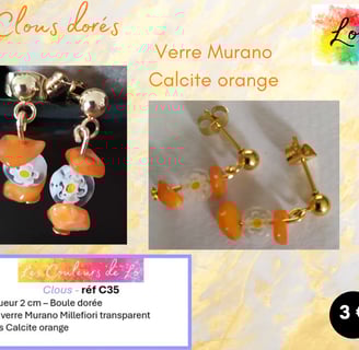 Boucles clous dorés verre Murano Millefiori Calcite orange Les Couleurs de Lo