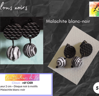 Boucles clous noirs Malachite blanc-noir Les Couleurs de Lo