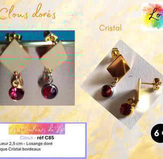 Boucles clous dorés losange acier strass cristal rouge Les Couleurs de Lo