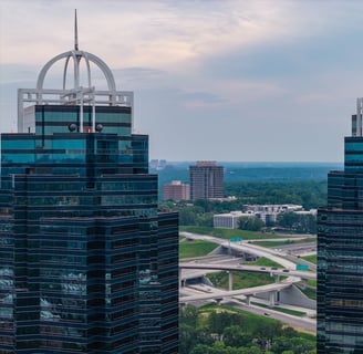 Close up of King and Queen Towers in Sandy Springs
