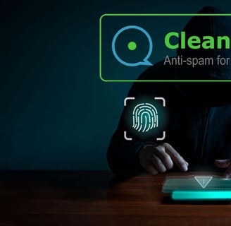 the CleanTalk logo over a person in a hoodie with a laptop and a phone