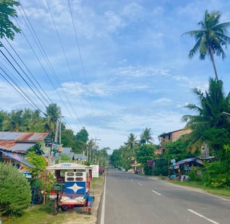 Siquijor road with accommodations and a tricycle on the road side
