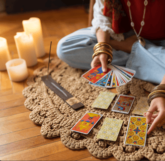 Woman sitting on a rug reading tarot cards, candles and incense on the floor, wearing bracelets