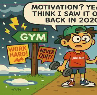 Cartoon image of a male university student torn between exercise and a couch