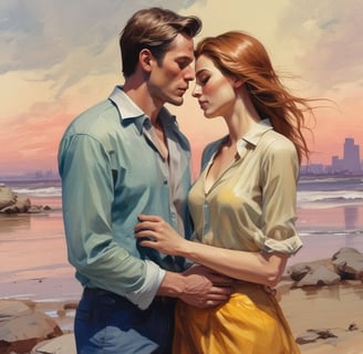 A romantic painting depicting a couple kissing on the beach, capturing the essence of love and connection by the ocean.