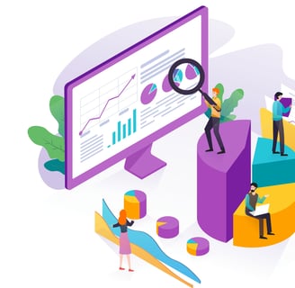 illustration of a group of people on a pie graph in front of a computer monitor