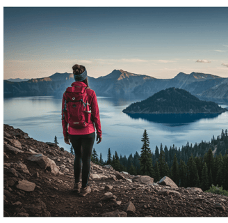 Women Traveler using versatile clothing during Crater Lake National Park travel