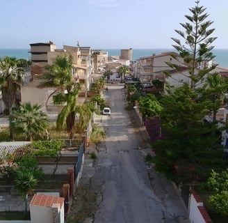 Front drone view , from the coliving for digital nomdas Co.bay Torre di Gaffe, Agrigento, Sicily, Italy